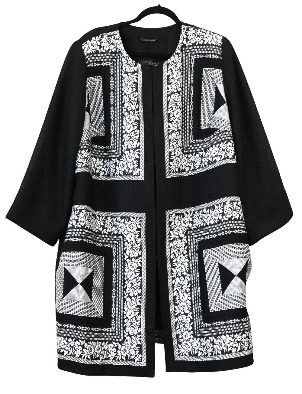Marina Rinaldi Black White Textured Jacquard Overcoat Brand Size 29 Approx US 20